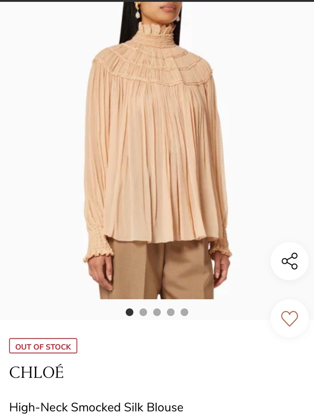 Chloé Smocked High-Neck Pleated Silk Blouse in Nude Beige